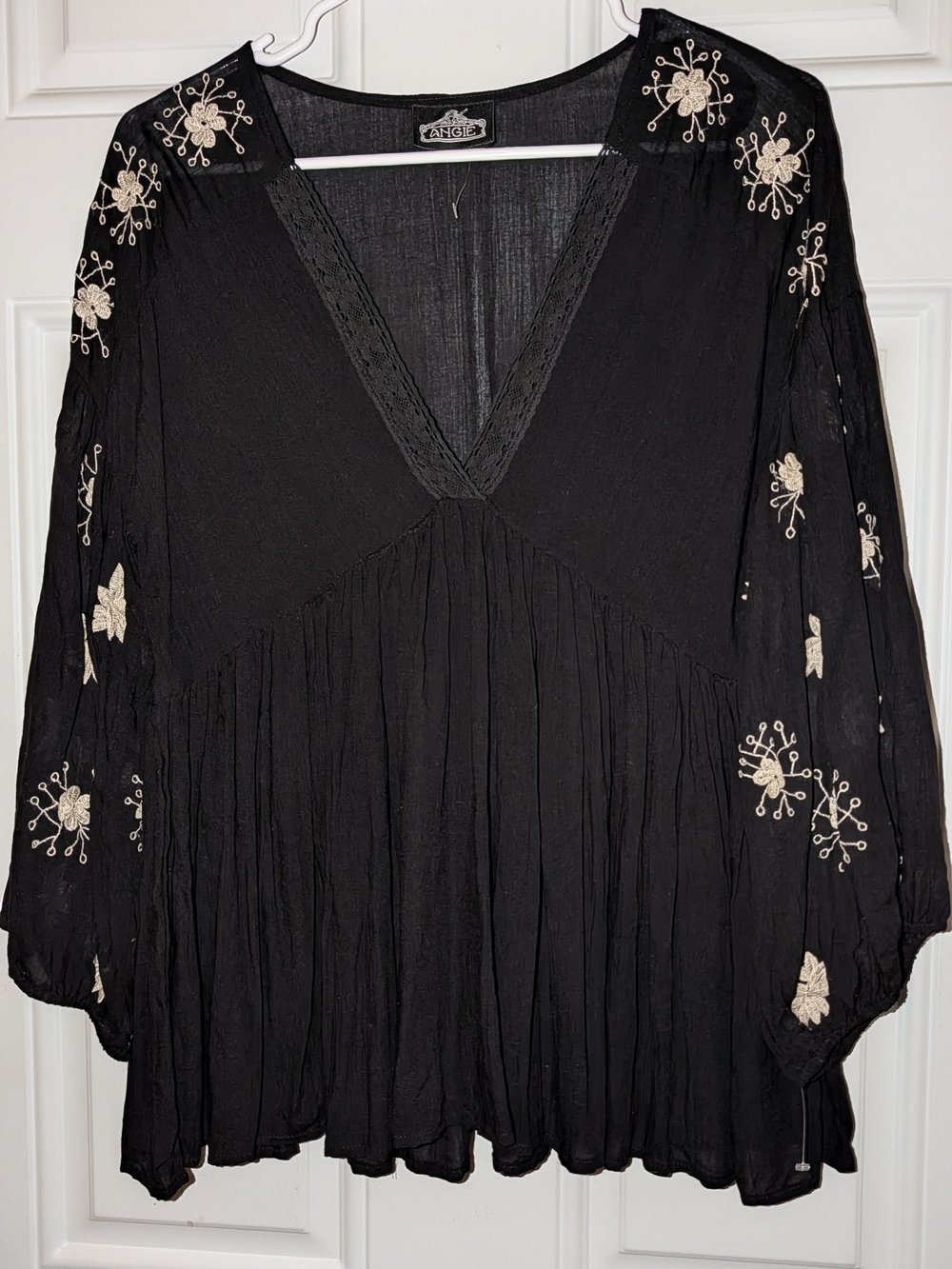 ANGIE Black V-Neck Embroidered Peasant Top